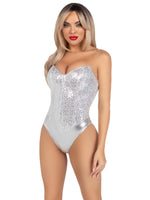 Sequin Boned Corset Snap Crotch Leotard (Silver)