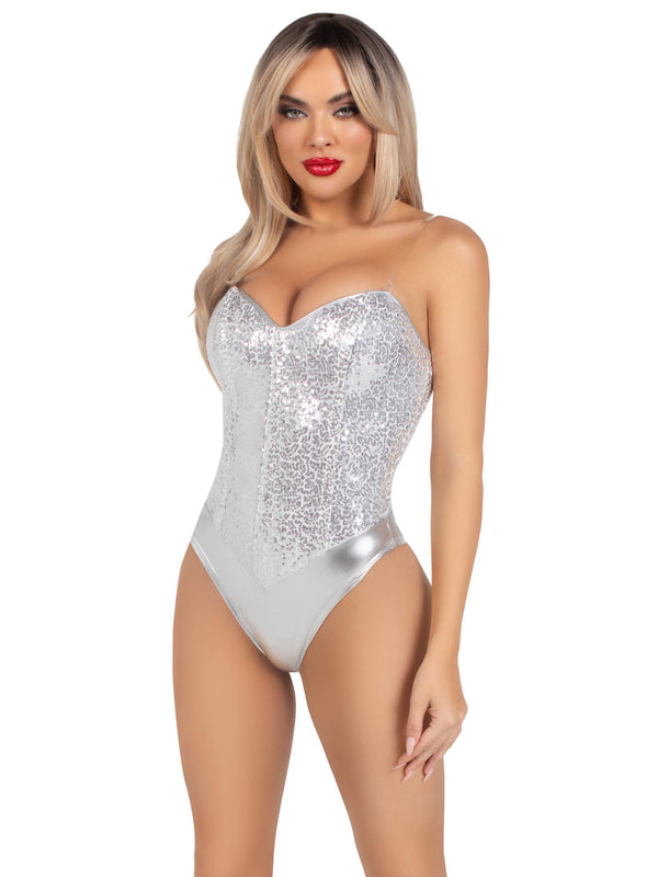 Sequin Boned Corset Snap Crotch Leotard (Silver)