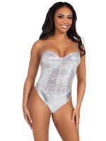 Sequin Boned Corset Snap Crotch Leotard (Silver)