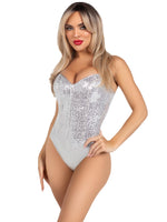 Sequin Boned Corset Snap Crotch Leotard (Silver)