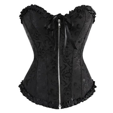 Zip Front Brocade Corset (Black)