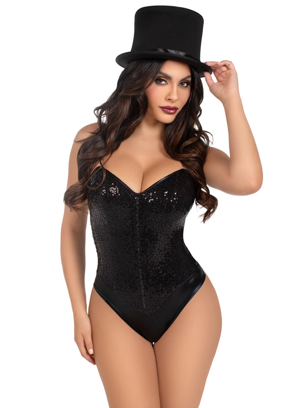 Sequin Boned Corset Snap Crotch Leotard (Black)